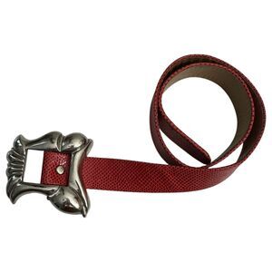 Kieselstein-Cord Silver Tone Abstract Oversized Buckle Red Lizard Belt Small